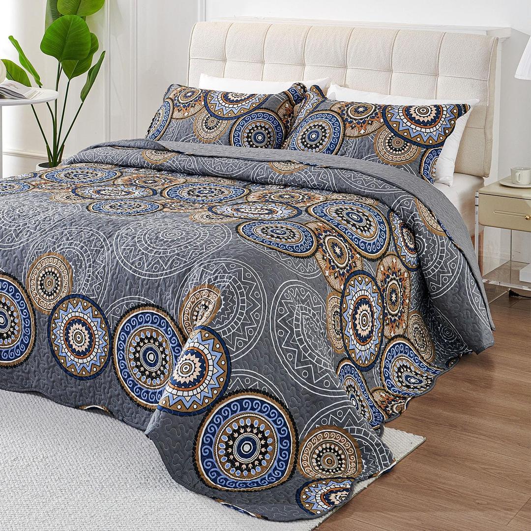 3 Pieces King Size Quilt Set Lightweight Summer Bedspread 98''x106'' Soft Microfiber Floral Coverlet Luxurious Warm Bed Cover for All Seasons Vintage Gray Bedding Set (1 Quilt, 2 Pillow Shams)