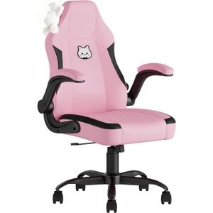 Pink Gaming Chair, Ergonomic Desk Office Chair with Lumbar Support, Computer Chair with Flip-up Armrests, Comfy Task Chair for Girls Women, Cute PC Video Game Chairs, PU Leather, Teens, Pink