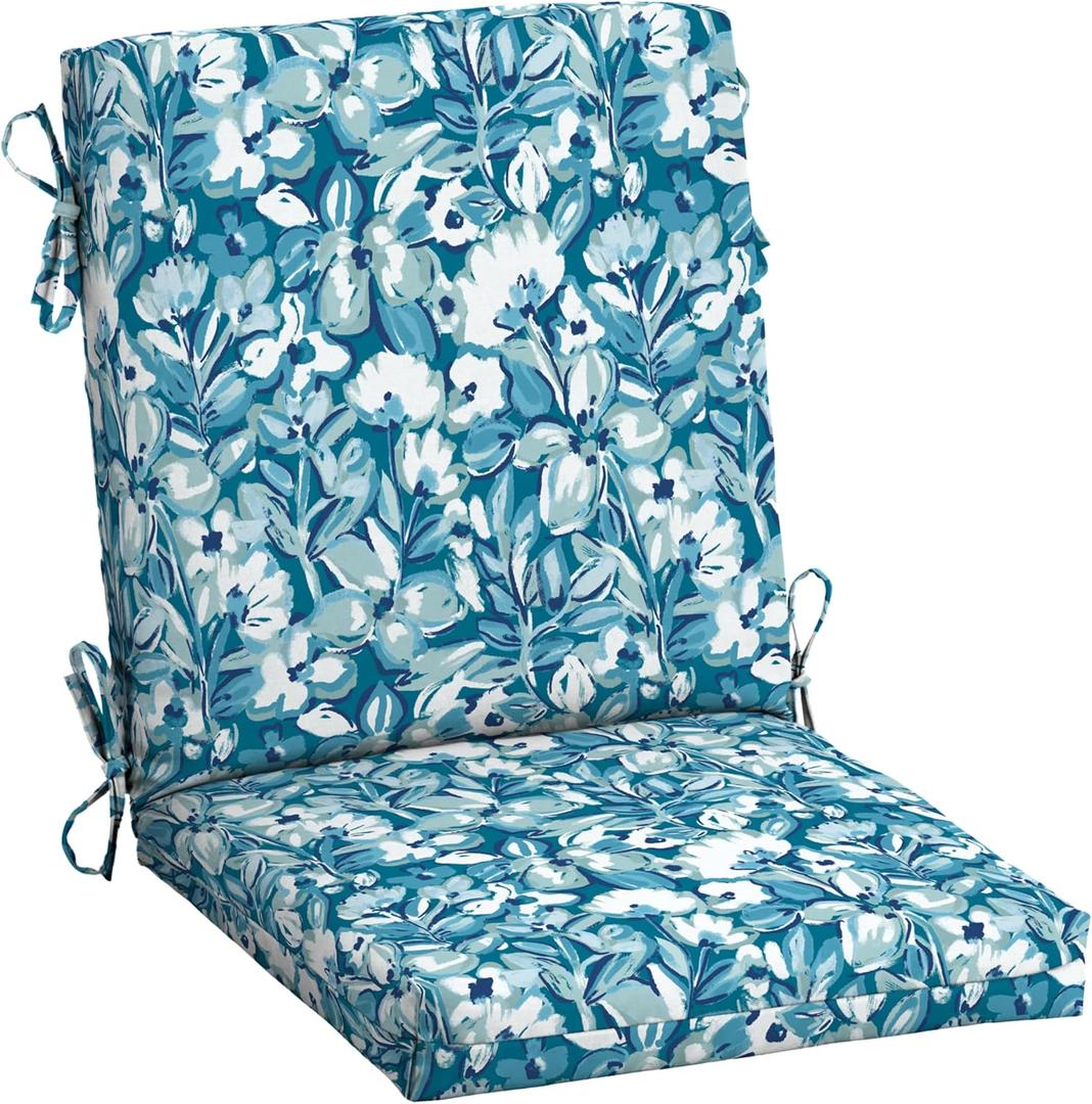 Arden Outdoor Midback Chair Cushion, 18 x 16.5, Rain-Proof, Fade Resistant Aqua Blue Fusion Floral | Dining Chair Cushion, Rain-Proof Seat Pad, Fade-Resistant, Mold and Mildew Resistant
