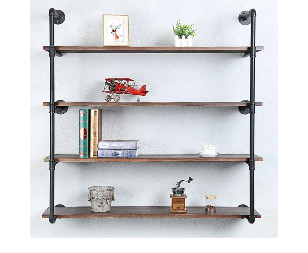 Industrial Pipe Shelving Wall Mounted,48in Rustic Metal Floating Shelves,Steampunk Real Wood Book Shelves,Wall Shelf Unit Bookshelf Hanging Wall Shelves,Farmhouse Kitchen Bar Shelving(4 Tier)