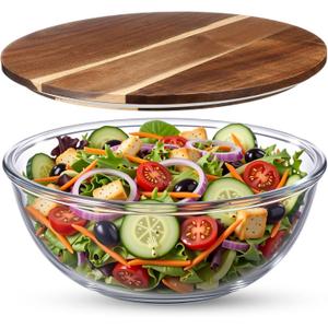 LemonRoad 12 Inch Large Salad Bowl with Acacia Wood Lid Glass Thick Salad Trifle Bowl Versatile Mixing and Serving Dish for Dessert Fruit Pasta Ice Cream Cake Baking Dishwasher Safe