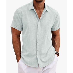 COOFANDY Men's Linen Shirts Short Sleeve Casual Shirts Button Down Shirt for Men Beach Summer Wedding Shirt, L