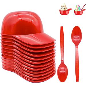 Baseball Helmet Ice Cream Bowls with Spoons, Plastic Mini Baseball Cap Bowls for Party (8 oz) (Red)