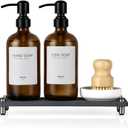 2 Pack Kitchen Soap Dispenser Set - 16oz Amber Glass Dish and Hand Soap Dispenser with Stainless Steel Pump, Instant Dry Tray, Dish Brush & Holder, Refillable Countertop Sink Decor for Kitchen & Bath