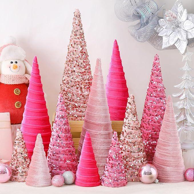 Ireer 12 Pcs Christmas Velvet Trees Set Various Size Velvet Cone Modern Decorations Indoor Table Tree Centerpiece Minimalist Xmas Holiday Winter Home Decor(Pink)