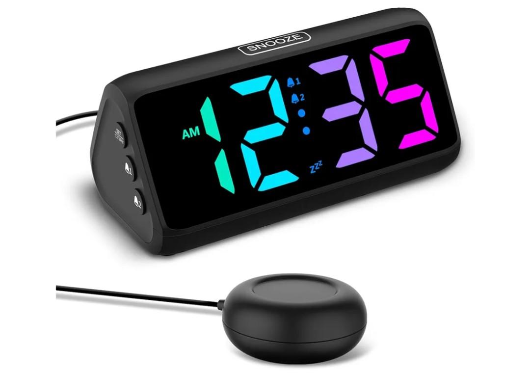 Netzu Loud Alarm Clock for Heavy Sleepers, Plug-in RGB Vibrating Alarm Clocks with Bed Shaker, 5 Dimmers, 2 Alarms and Snooze for Bedrooms Hearing Impaired Deaf Adults (Black)