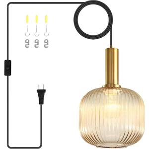 Amber Plug in Pendant Light, Mid Century Modern Hanging Light with Plug in Cord Ribbed Glass Shade, Vintage Gold Hanging Lamps for Living Room, Bedroom, Kitchen, Dining Room