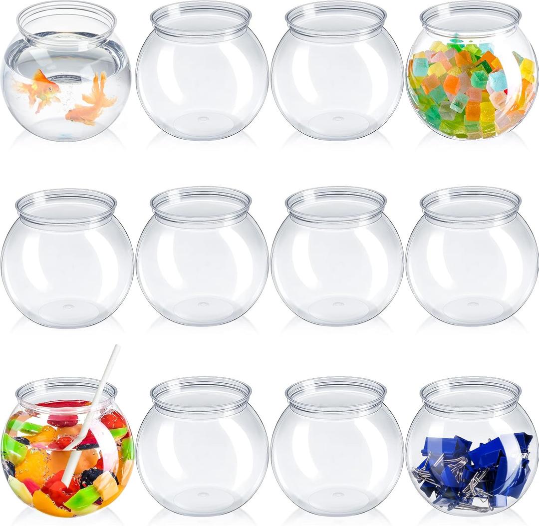 Eccliy 12 Sets Clear Fish Bowls with Straws Ball Shape Plastic Bowl for Drinks Summer Drink Cups Unbreakable Goldfish Bowl for Carnival Game Candy Table Centerpieces Party Favors (27 oz)