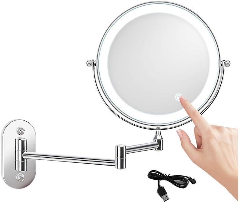 8 Inch Rechargeable Wall-mounted Lighted Makeup Vanity Mirror Dual-Sided 1X/5X Magnified Bathroom Mirror, 3-Color Lighting, Touch Screen Dimming, 360 Rotating Retractable Arm(Size:5X,Color:silver)