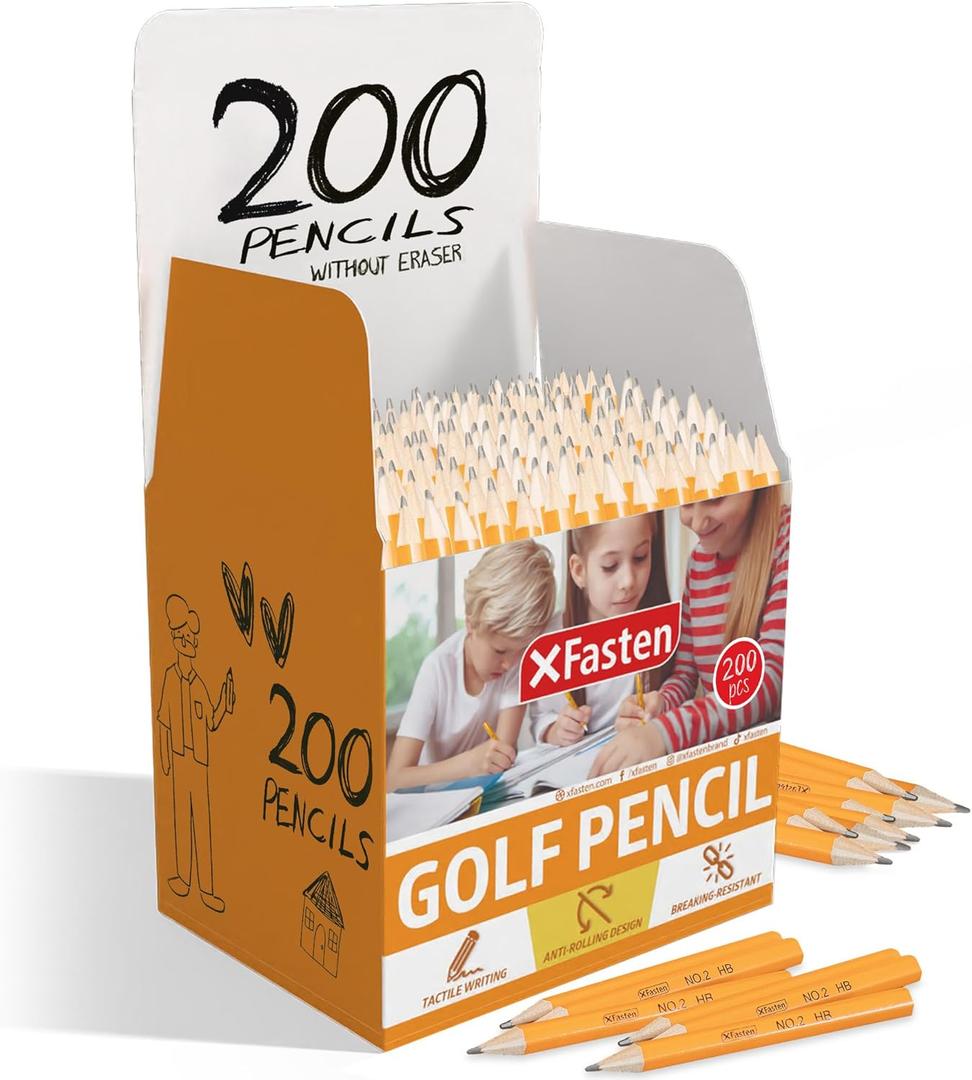 XFasten Golf Pencils, #2 HB Sharpened Pencils, 3.5 Inch Half Size, Hexagonal Easy-to-Grip, Bulk 200-Pack for Office Supplies, Art Supplies, Games & Events