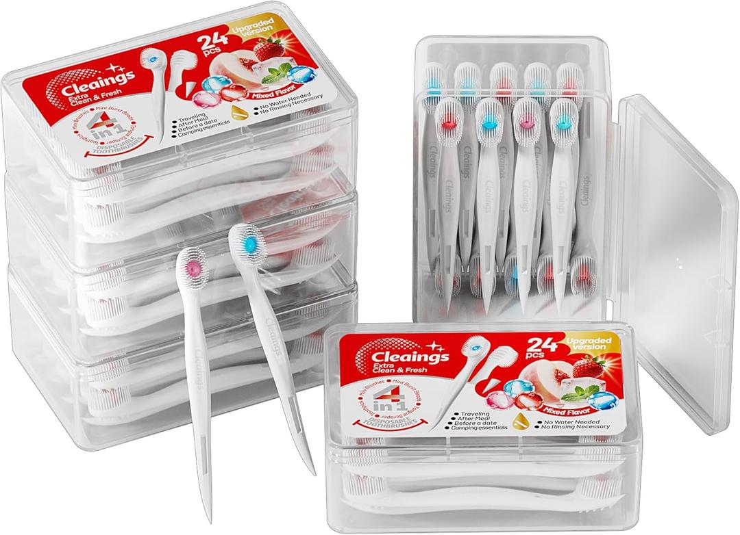 cleaings® Mini Disposable Toothbrush Set with Toothpaste – Travel Essentials, Portable Toothbrush for Women & Men, Camping, Road Trip, Vacation, 24 Count-Mix Flavor (Pack of 5)