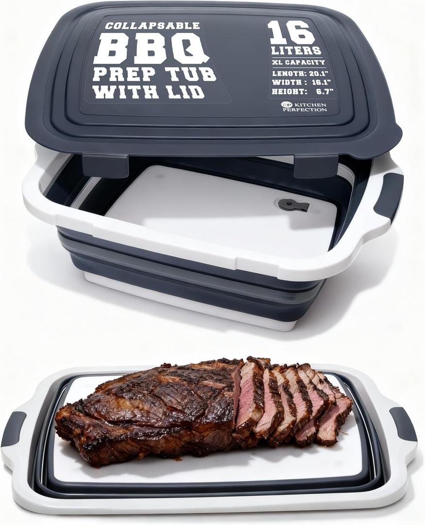 KITCHEN PERFECTION Collapsible XL Smoker & BBQ Prep Tub with Locking Lid & Cutting Board - Grill Caddy Container for Meat Marinating & Brine Perfect For Brisket, Turkey & Ribs - Best Gift For Men, X-Large