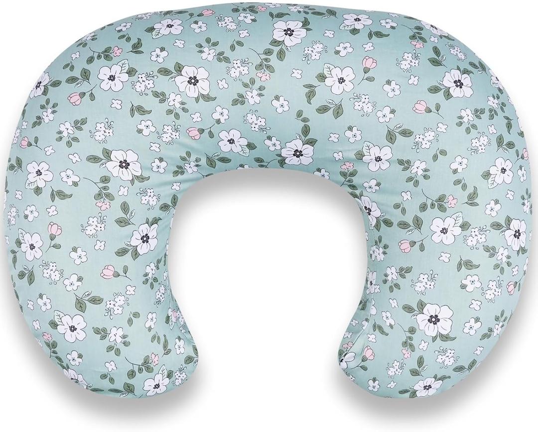 Nursing Pillow for Breastfeeding & Bottle Feeding - Ergonomic C-Shape Design with Breathable Filling & Removable Washable Cover, Supports 0-12 Months (Feeding, Tummy Time, Sitting) (Flowers Green)