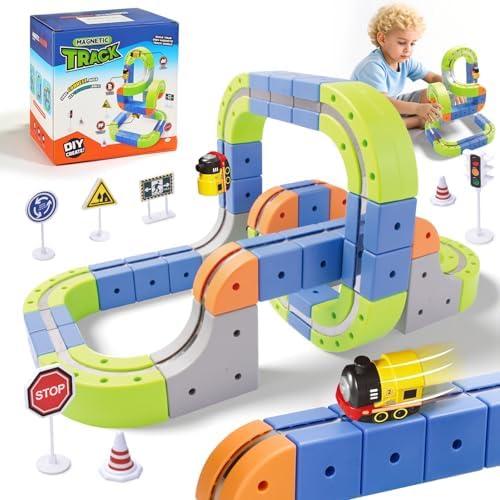 Aotonow 69PCS Electric Magnetic Train Track Sets – DIY Race Car Track Building Kits with Train and Traffic Signs, 3D STEM Toy for Toddlers and Kids, Boys and Girls Ages 3-8, Birthday Gift (Medium)