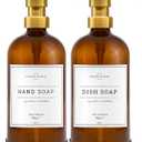 Vine Creations Amber Glass Soap Dispenser, 2 Pack Kitchen Soap Dispenser Set with Stainless Steel Pump, 16 oz Dish Soap and Hand Soap Dispensers for Bathroom with Waterproof Labels