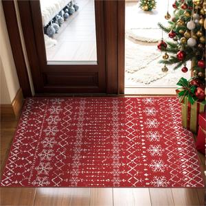 Christmas Area Rug 2x3 Small for Hallway - Red Snowflake Plaid Decorative Modern Holiday Decor Geometric Non Slip Washable Carpet for Bedroom Kitchen