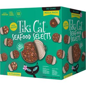 Tiki Cat Seafood Selects, Ultimate Variety Pack, 34 High Protein Servings with Real Flaked Fish, Wet Cat Food Mega Pack, 2.8 and 3 oz. Cans (Pack of 34)