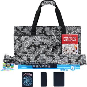 American Mahjong Game Set, 166 Black Tiles (1.2), 4 All-in-One Color Rack/Pushers & Drawstring Bag, Complete Mahjong Set with Black Carrying Bag and Mahjong Tiles Set Accessories