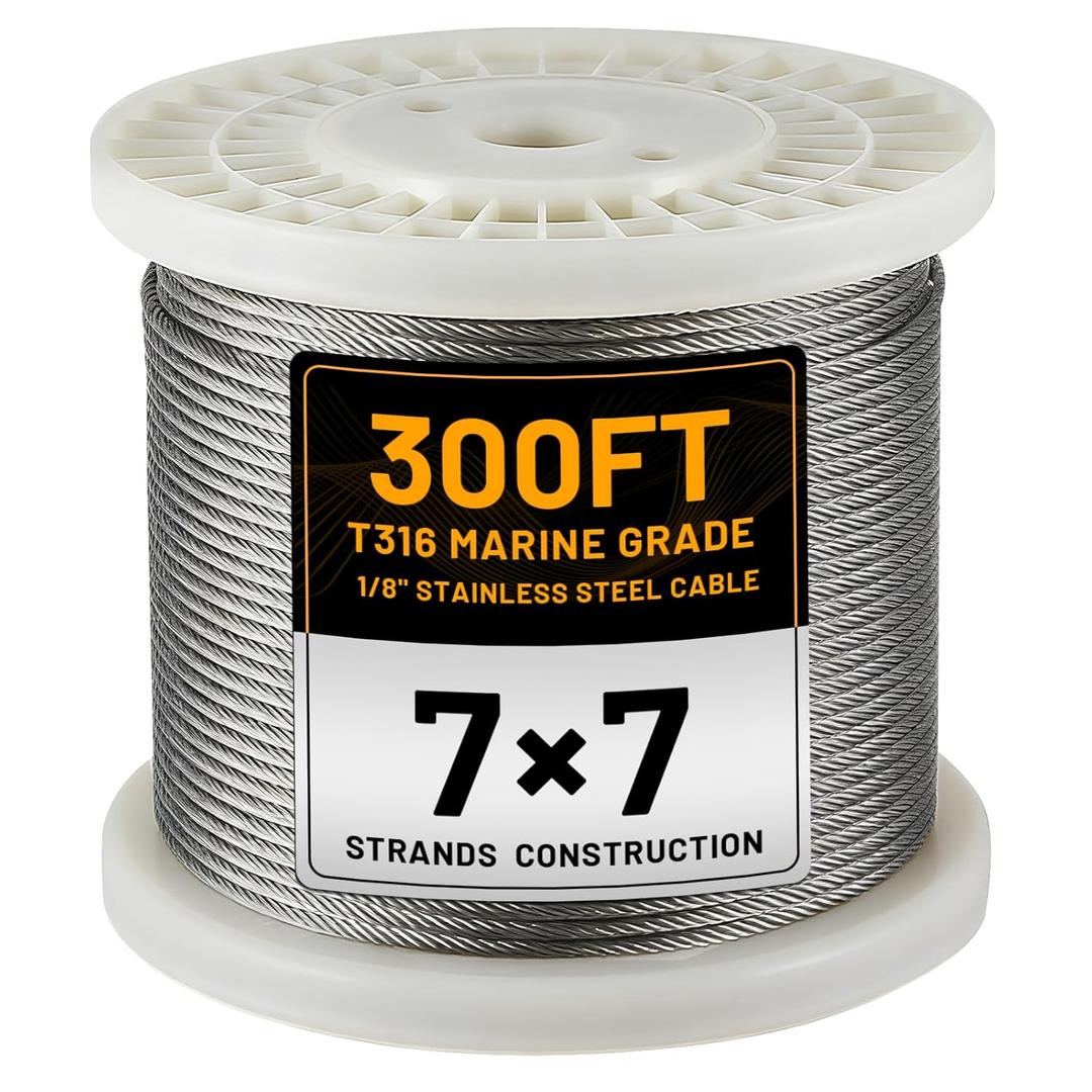 AHEONLAR 300FT 1/8" T316 Stainless Steel Cable for Railing,7x7 Wire Rope,1850 lb Breaking Strength,Deck Stair Fence Hardware Kit for Indoor Outdoor Use,Silver