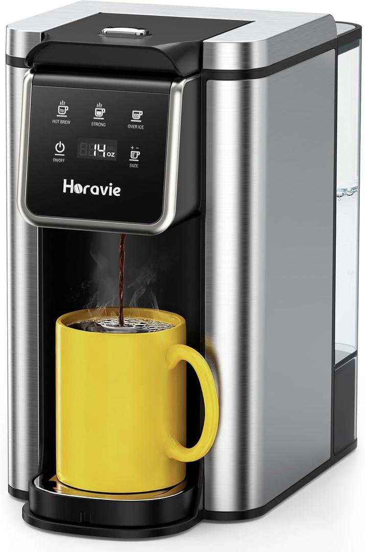 Horavie Single Serve Coffee Maker for K-Cup Pod and Grounds, Hot & Iced Coffee Maker, Strong Button Feature, 6 to 14oz Brew Sizes, 50oz Removable Tank, Up to 6.5 Inch Mug, Stainless Steel, Black