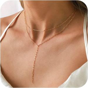 CHESKY Long Gold Necklace for Women, Layered Lariat Necklaces 14k Gold Plated/Silver Dainty Drop Necklaces for Women Trendy Simple Non Tarnish Chain Necklace Statement Y-Shaped Jewelry Gift Wedding