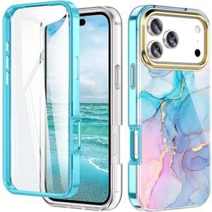 Cute Marble Case for iPhone 17 Pro Max 6.9 inch Built with Screen Protector, Lightweight and Stylish Full Body Shockproof Protective Rugged TPU Case for Women/Girls-Blue Marble