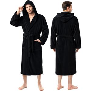 NY Threads Mens Robe with Hood, Luxury Plush Fleece Hooded Mens Bathrobe, Spa Bath Robe for Men, Black, 2XL/3XL