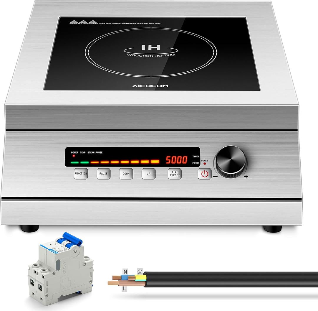 5000W 240V Commercial Induction Cooktop, High Power Induction Electric Stove, Countertop Burner with Press/Knob Controller, LED Strip Display (with 2p Miniature circuit breaker, No Plug) 5000W 240V Commercial Induction Cooktop, High Power Induction Electric Stove, Countertop Burner with Press/Knob Controller, LED Strip Display (with 2p Miniature circuit breaker, No Plug)
