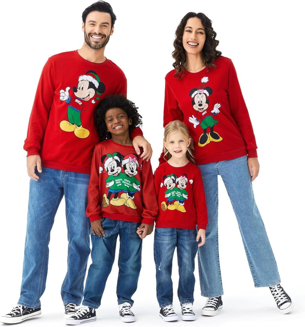 Disney family matching sweatshirt Stitch Mickey Spiderman print long sleeve winter Christmas mom dad kids loose fit red (Red)