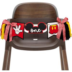 Mouse First Birthday High Chair Banner - Red Yellow Black, One Celebration with Tassels and Gingham Bows, Party Decoration (Mouse Banner)