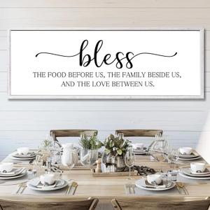 Rutiyoka Bless the Food Before Us Sign Framed Farmhouse Dining Room Wall Decor Large 42"15" Wood Kitchen Wall Art White