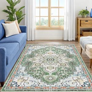 Smiry 8x10 Area Rugs for Living Room, Boho Chic Style Printed Rugs, Low Pile, Non-Shedding, Easy Care, Machine Washable Lightweight Floor Carpets Rugs for Bedroom, Dining Room, Home Office, Green