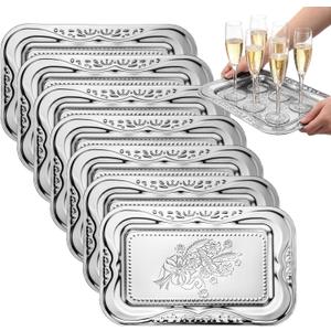 LemonRoad 6 Pack Silver Serving Trays 13.8 x 8.7 Inch Stainless Steel Dinner Trays Engraved Mirror Decorative Tray Silver Platters for Whiskey Charcuterie Snacks Desserts Fruits