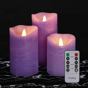 Purple Flameless Candles with Remote, Real Wax Battery Operated LED Candles, Flickering Flameless Pillar Candles for Wedding, Festival, Set of 3