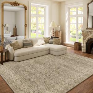 Machine Washable Rugs for Living Room: 6x9 Area Rugs for Bedroom Vintage Stain Resistant Non Slip Low Pile Lightweight Boho Carpet for Kitchen Dining Room Farmhouse Kids Room Nursery (Brown and Grey)