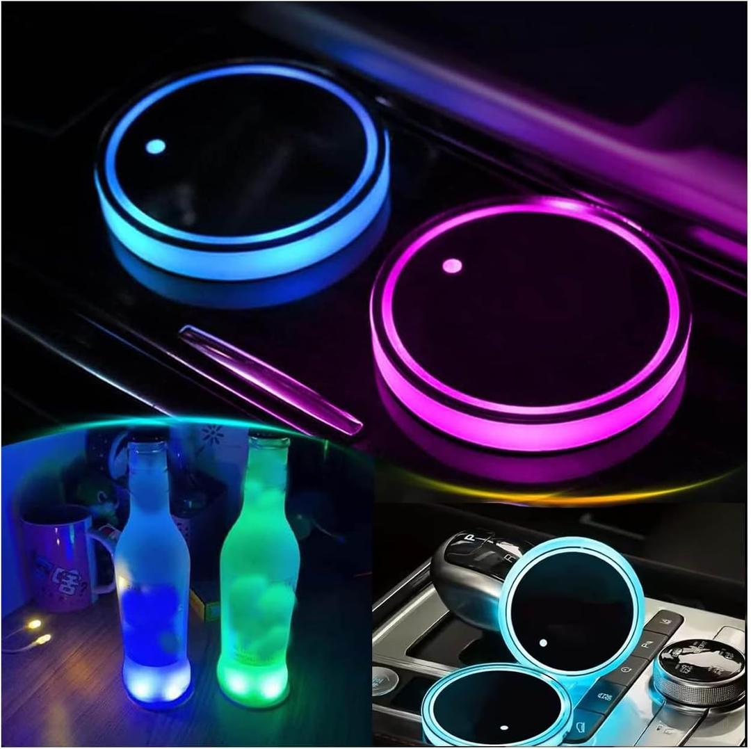 2PCS LED Car Cup Holder Lights, Light up Car Coasters for Cup Holders 7 Color-Changing Light Up Cup Holder Insert Coasters, Waterproof Car Accessories for Teens, Car Gifts for Men & Women
