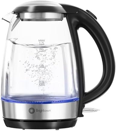 Brightown Electric Glass Kettle for Tea and Coffee, BPA-Free, Fast Boiling, Auto Shut-Off, 1.7 L, 1500W