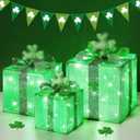 Lewondr St Patricks Day Decorations Lighted Gift Boxes with 3D Shamrocks, Green Decor Light Up Present Boxes for St Patrick's Day, USB Powered + Remote Control Lucky Clover for Indoor Home Holiday