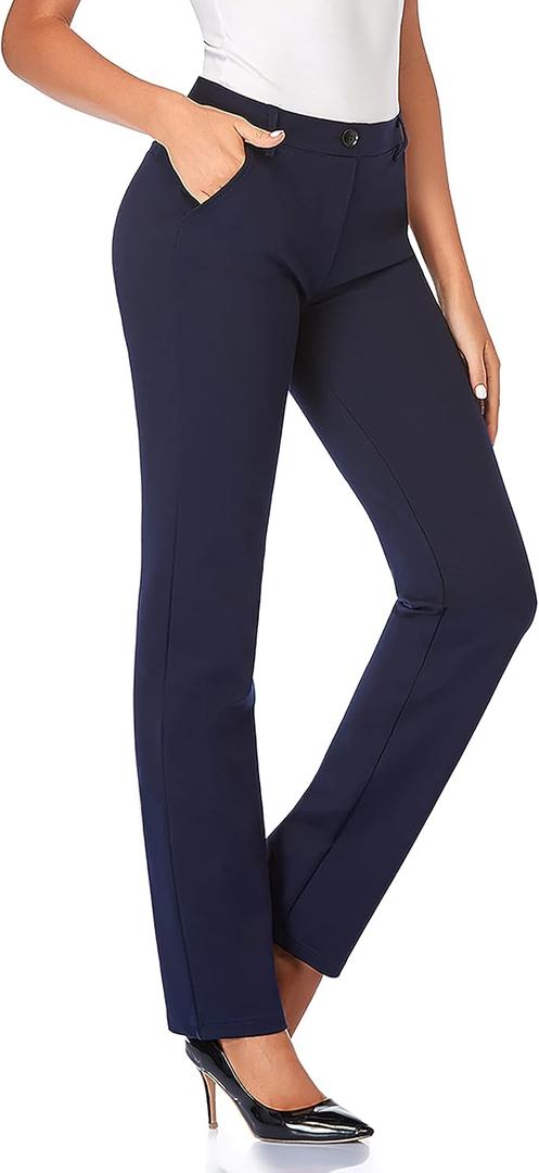 Tapata Women's Stretchy Straight Dress Pants with Pockets Tall, Petite, Regular for Office Work Business (32", Navy Blue, L)