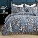 100% Cotton Elegant Floral King Quilt Set, Dusty Blue & Gray 3-Pcs | Luxury Farmhouse Bedding Set with 2 Pillow Shams, Reversible Damask Bedspread Coverlet, Lightweight & Soft for All Season