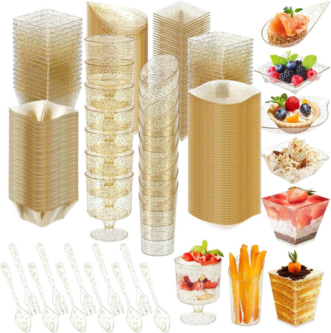Tessco for you 400 Pcs Mini Appetizer Plates Dessert Cups Spoons Forks Set Dessert Containers Assorted Shape Plastic Parfait Cups Disposable Spoon Forks for Party Serving (Gold)