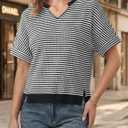 Fisoew Womens Short Sleeve Sweater Summer V Neck Striped Pullover Tops Casual High Low Loose Slit Cropped T Shirts (Black)