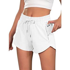 BMJL Women's Running Shorts 2.5" High Waisted Athletic Short Summer Gym Workout Short with Zipper Pockets(L,White)