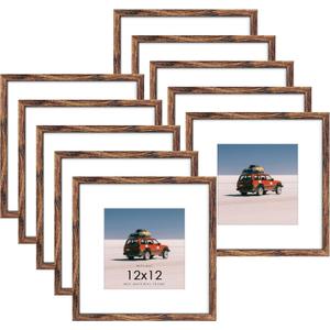 12x12 Picture Frame Sef of 10, Display Pictures 8x8 with Mat or 12 x 12 Without Mat, Photo Frame Collage for Wall Gallery Decor, Wall Mounted, Brown