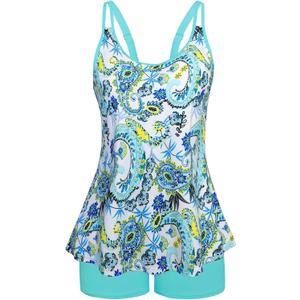 Arolina Tankini Swimsuits for Women Tummy Control Two Piece Bathing Suits Flowy Swim Tops with Boy Shorts (Large, Lake Blue Paisley Printed)