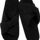 Womens Corduroy Slippers, Open Toe Crossband House Shoes, Cozy Cushioned Foam Indoor Outdoor Non-Slip Bedroom Slippers, Gift for Women (7-8, Black)