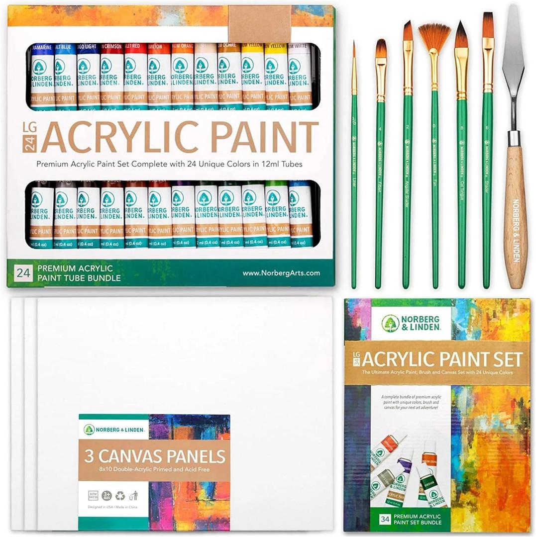 Norberg & Linden Acrylic Paint Set - Canvas and Acrylic Paint Sets for Adults, Teens, Kids - Includes 24 Vivid Colors, 3 Painting Canvas Panels, 6 Assorted Brushes & 1 Paint Knife (Multicolor)