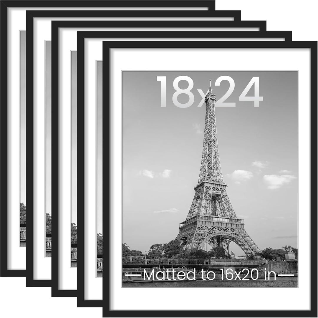 upsimples 18x24 Picture Frame Set of 5, Display Pictures 16x20 with Mat or 18 x 24 Without, Wall Gallery Poster Frames, Black