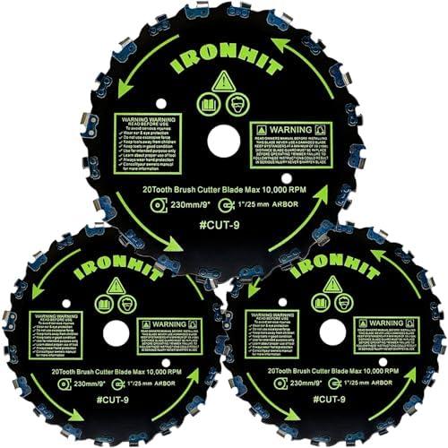 IRONHIT 9" x 20T Chainsaw Brush Cutter Blades, WeedEater Blades, Brush Cutter String Trimmer Blades, 1"/25MM Arbor(3 Blades)