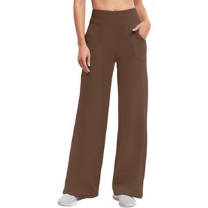 Wide Leg Yoga Pants Women with Pockets High Waist Stretch Casual Sweatpants Comfy Sports Lounge Pants Brown (Brown), L